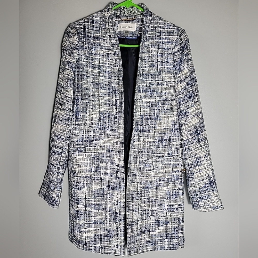 Calvin Klein  Long Open coat sz 2 Blue white